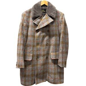 Vintage Zero King Coat Mens 38 Wool Faux Fur Lined Gray Orange Plaid Made in USA